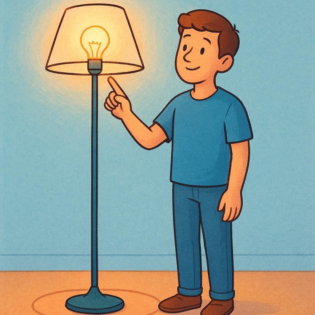 A young man flipping a switch on a floor lamp, causing the light bulb to immediately glow brightly, symbolizing turning on an appliance.