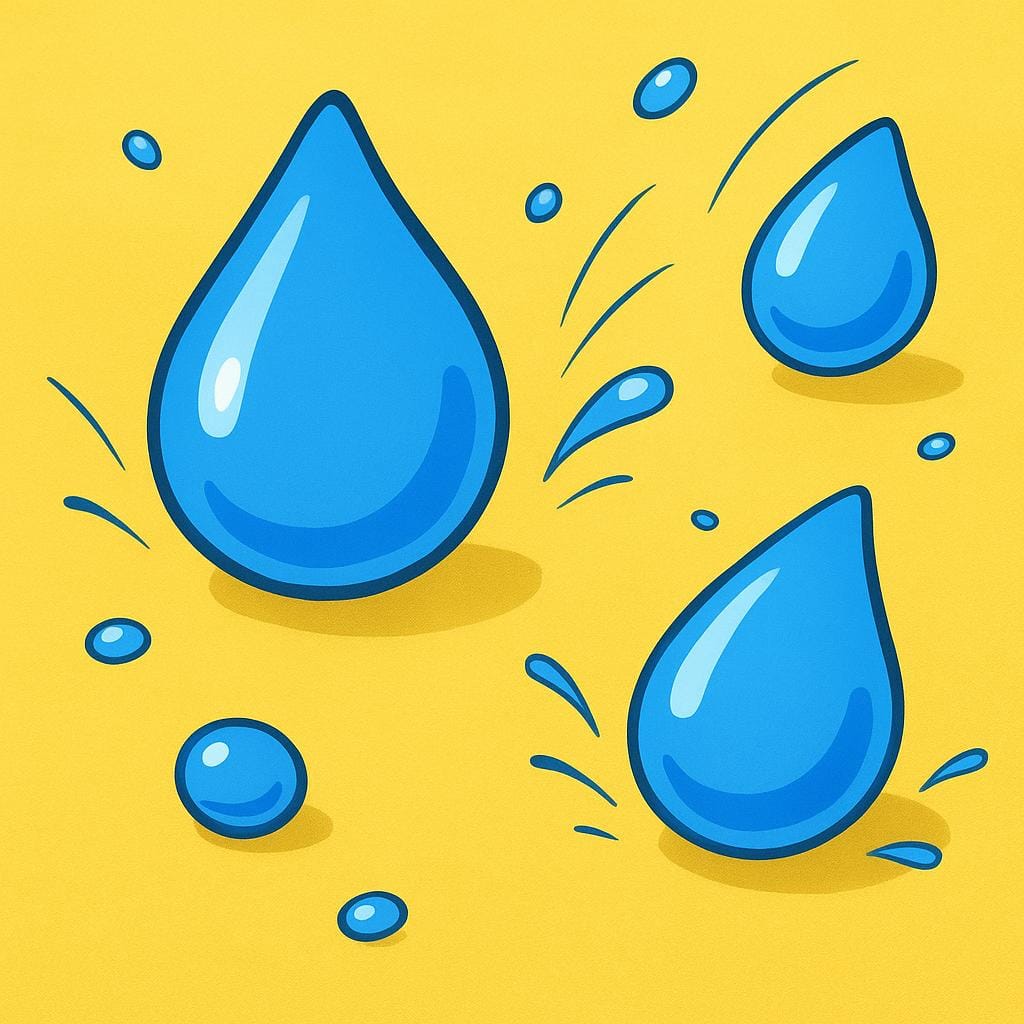 Une vue rapprochée d'un imperméable ou d'un poncho jaune vif avec de grosses gouttes de pluie stylisées rebondissant sans danger sur sa surface, montrant une résistance à l'eau.