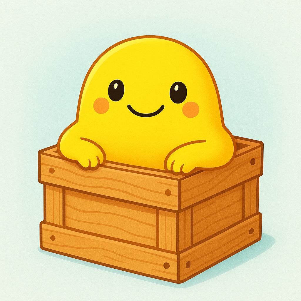 A small, friendly, stylized yellow creature is standing inside a tiny, square wooden box, indicating confinement or restriction.