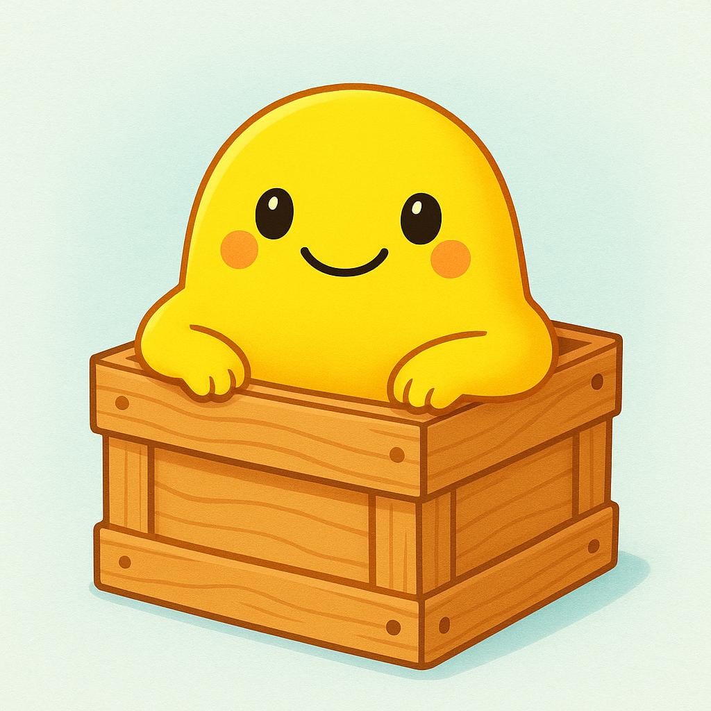 A small, friendly, stylized yellow creature is standing inside a tiny, square wooden box, indicating confinement or restriction.