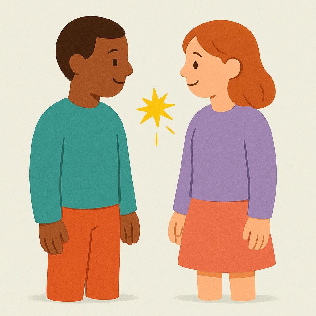 Two stylized human figures standing close together, with a small yellow spark jumping between them, symbolizing connection or chemistry.