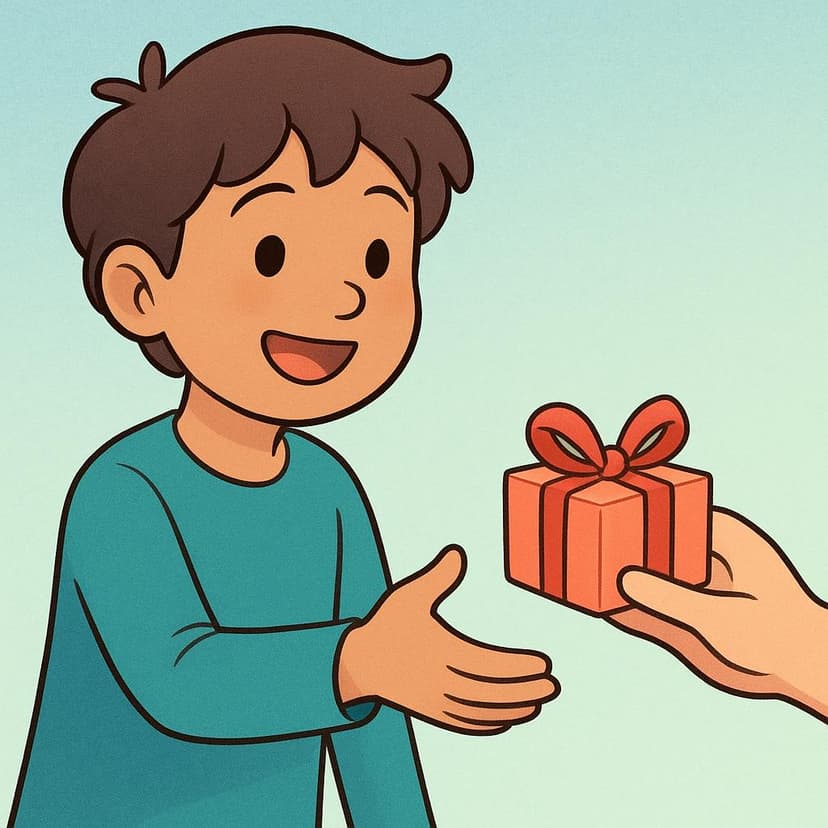 A brightly colored illustration showing a young person, smiling happily, extending their hand forward to receive a small, wrapped gift being offered to them, symbolizing the act of acceptance.