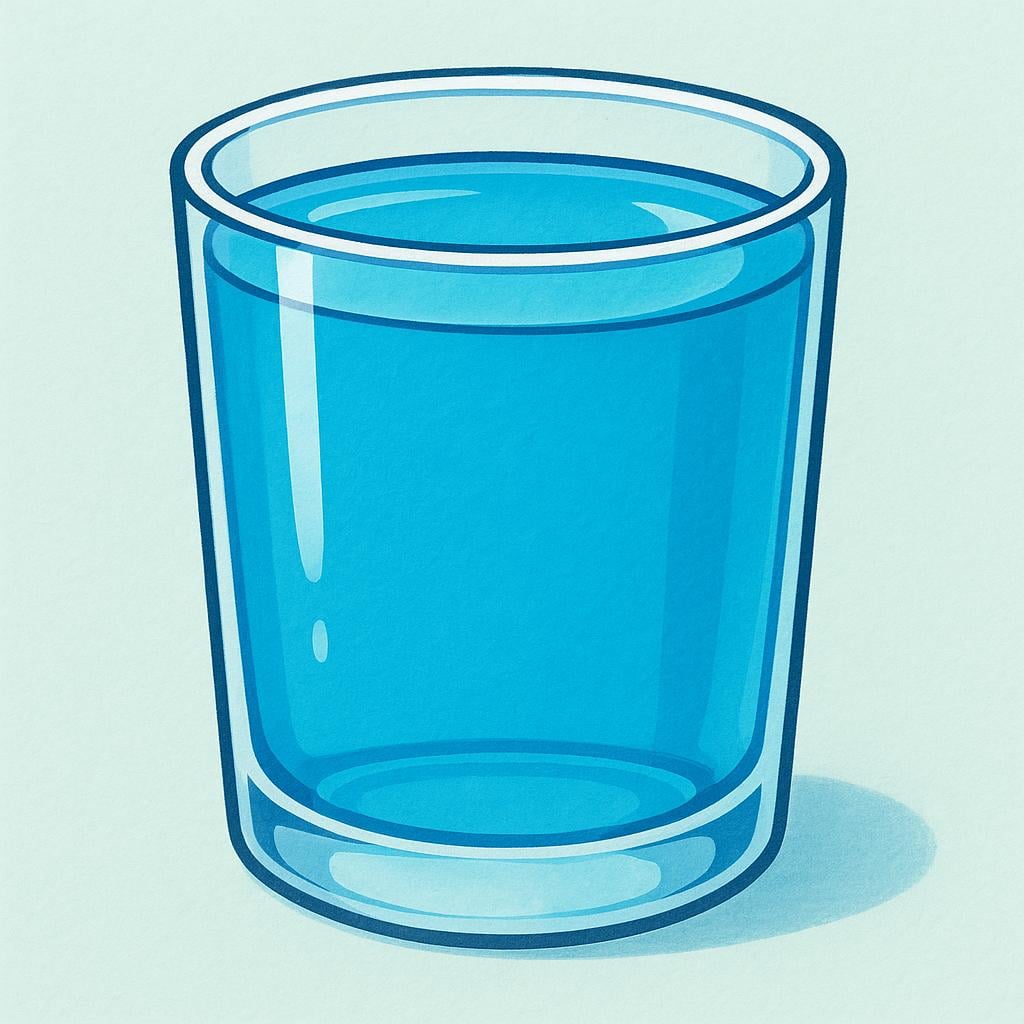 A clear glass cup is filled entirely to the very top edge with bright blue liquid, signifying completeness and intensity.