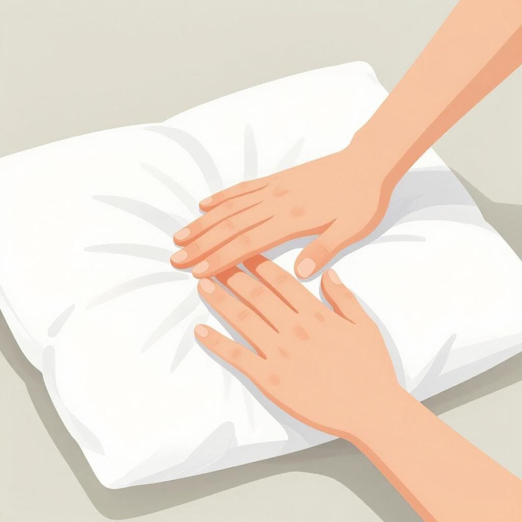 A hand pressing down on a plush, fluffy white pillow to show its softness.
