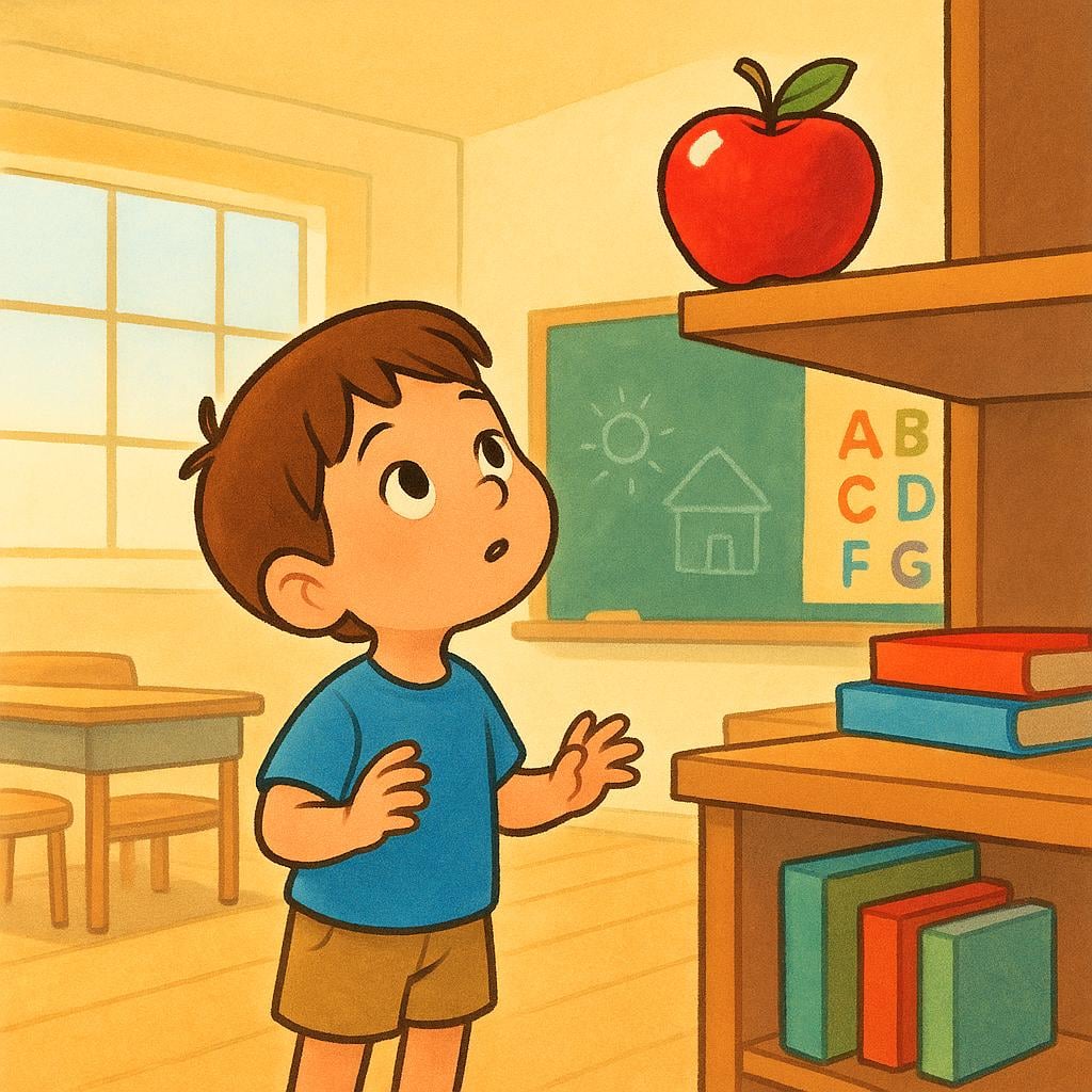 A child in a classroom looking up with focused attention at a bright object, symbolizing looking as a desired action or instruction.