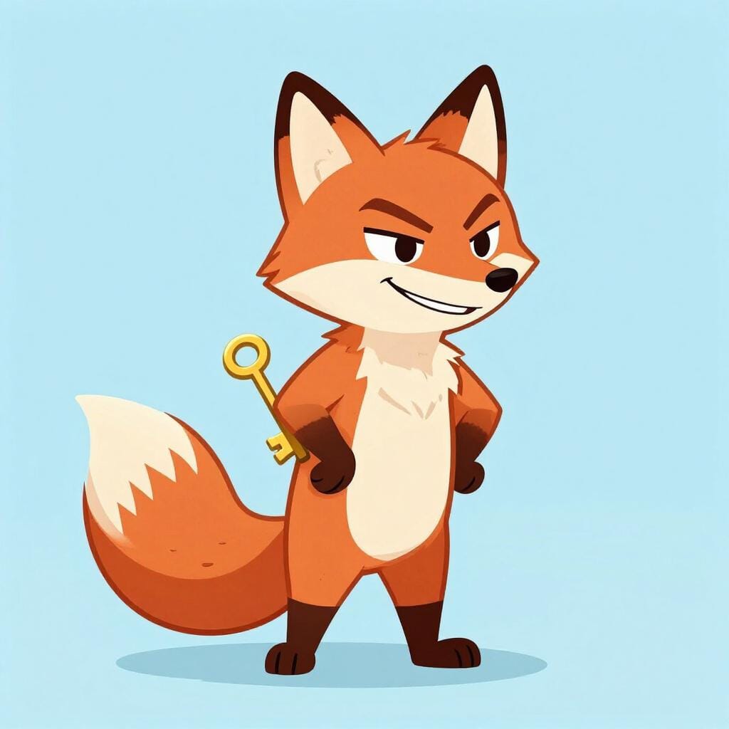 A sly fox with a cunning grin hiding a small key behind its back.