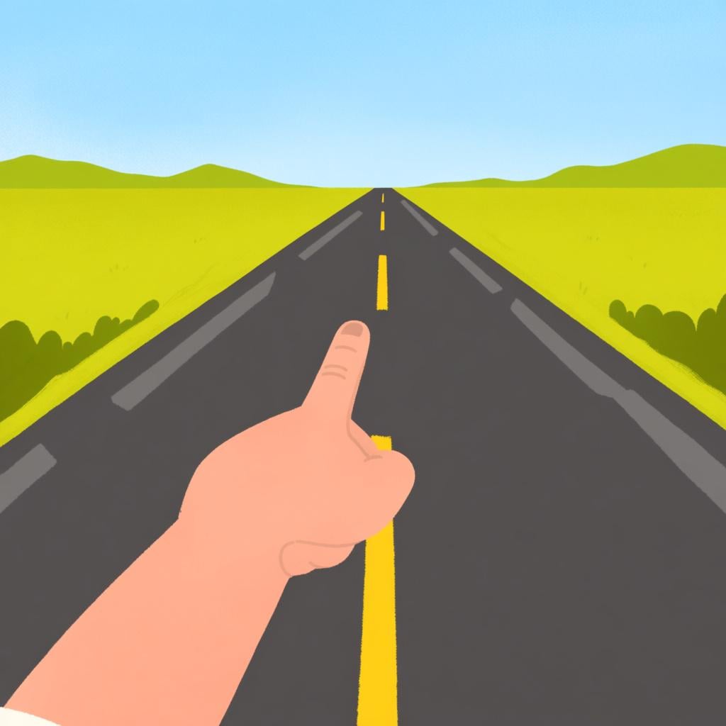 A hand pointing directly down a long, straight road, conveying the command to continue straight ahead.