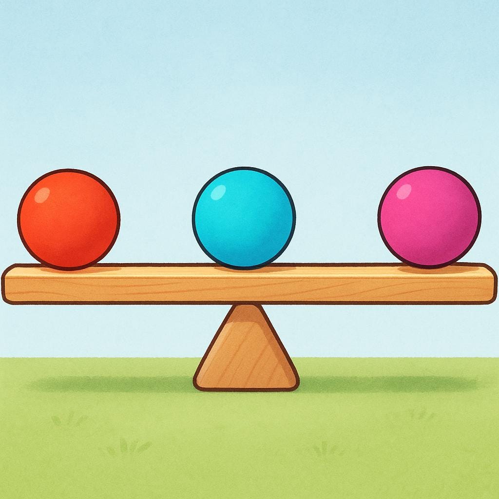 A simple wooden balance beam resting perfectly level on a central fulcrum, with three colorful, identical geometric shapes placed symmetrically on the beam, illustrating mathematical balance.