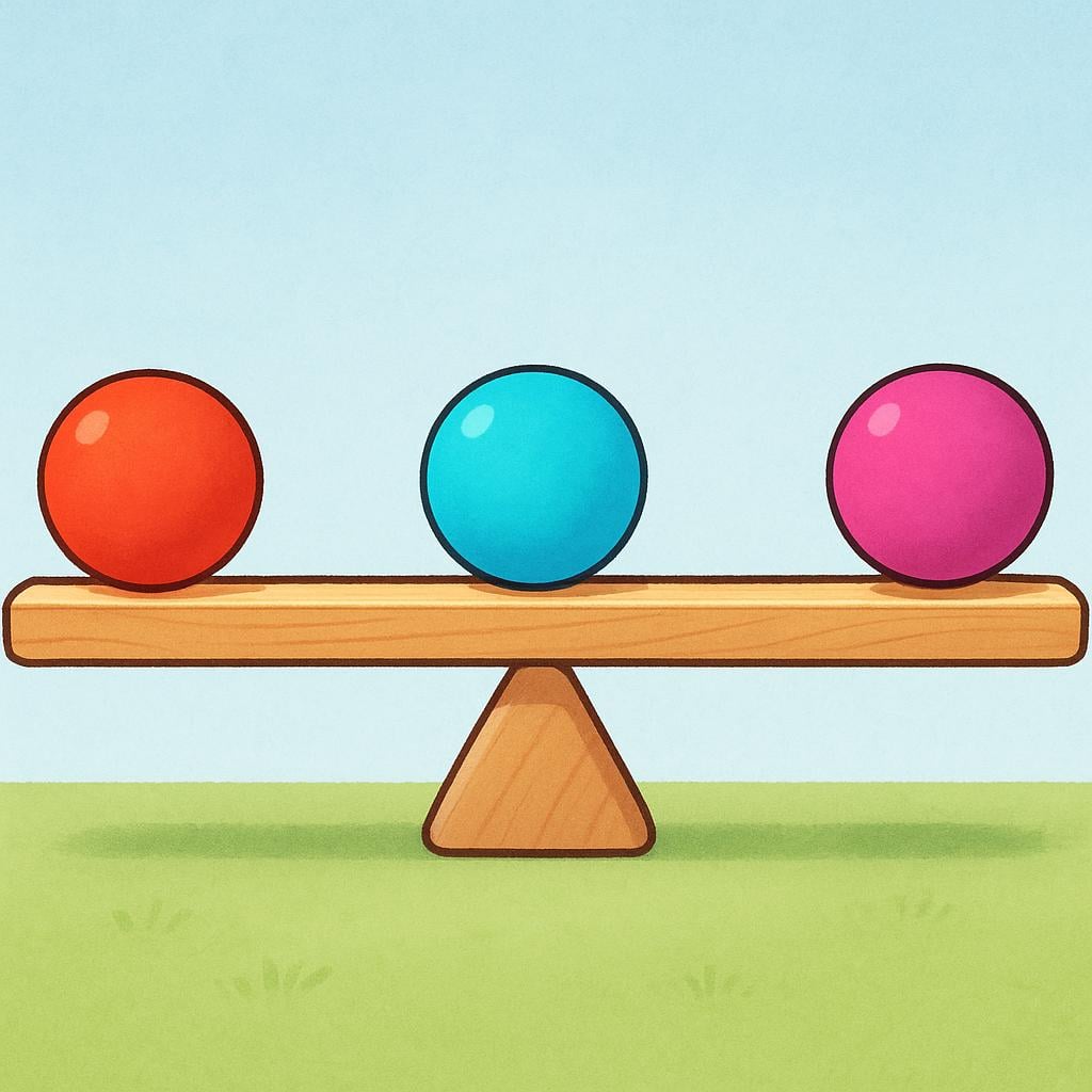A simple wooden balance beam resting perfectly level on a central fulcrum, with three colorful, identical geometric shapes placed symmetrically on the beam, illustrating mathematical balance.