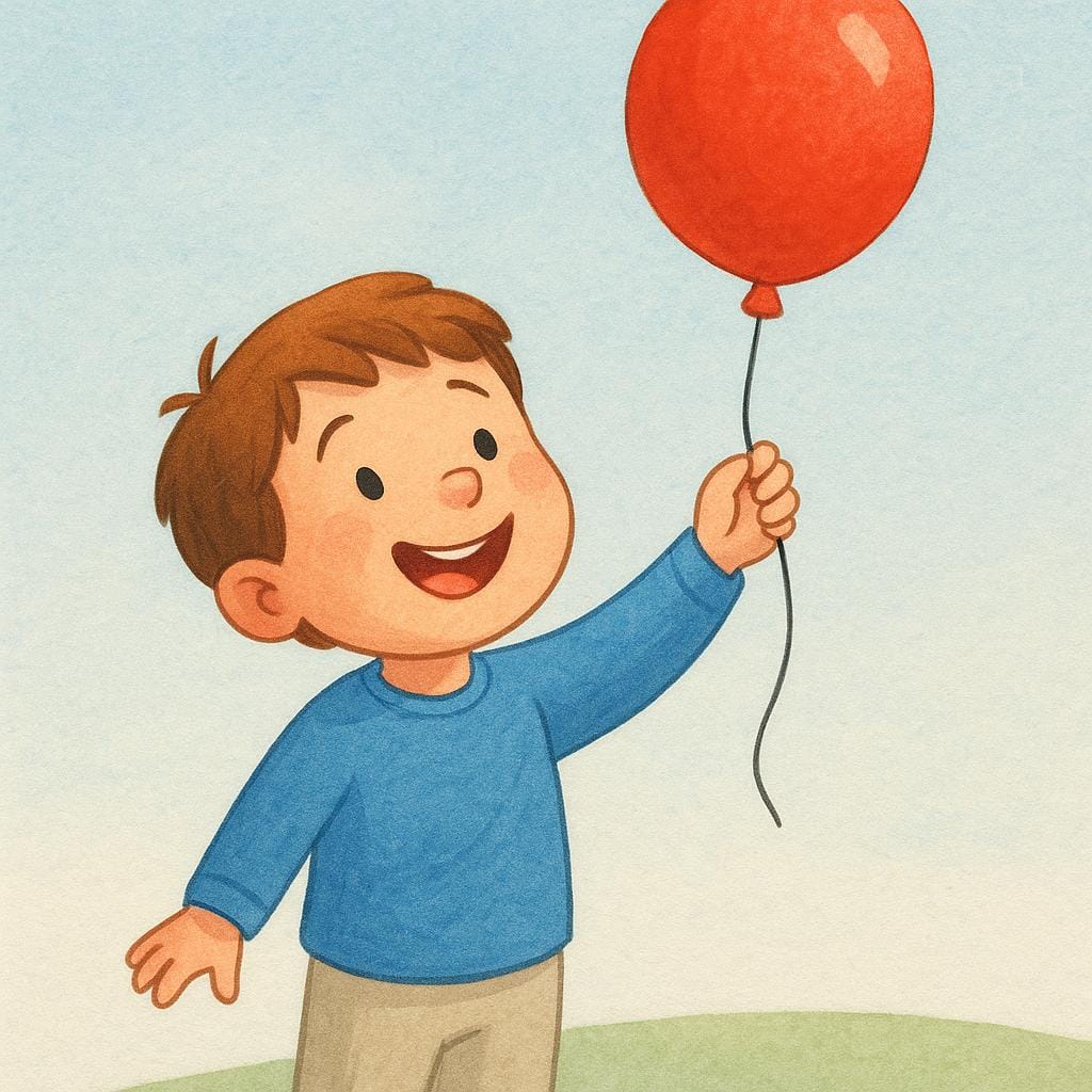 Un enfant joyeux aux yeux brillants souriant largement tout en tenant un ballon rouge vif.