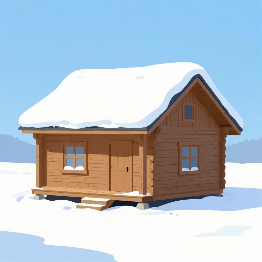 A small wooden cabin with a thick layer of white snow covering its roof and the ground around it.