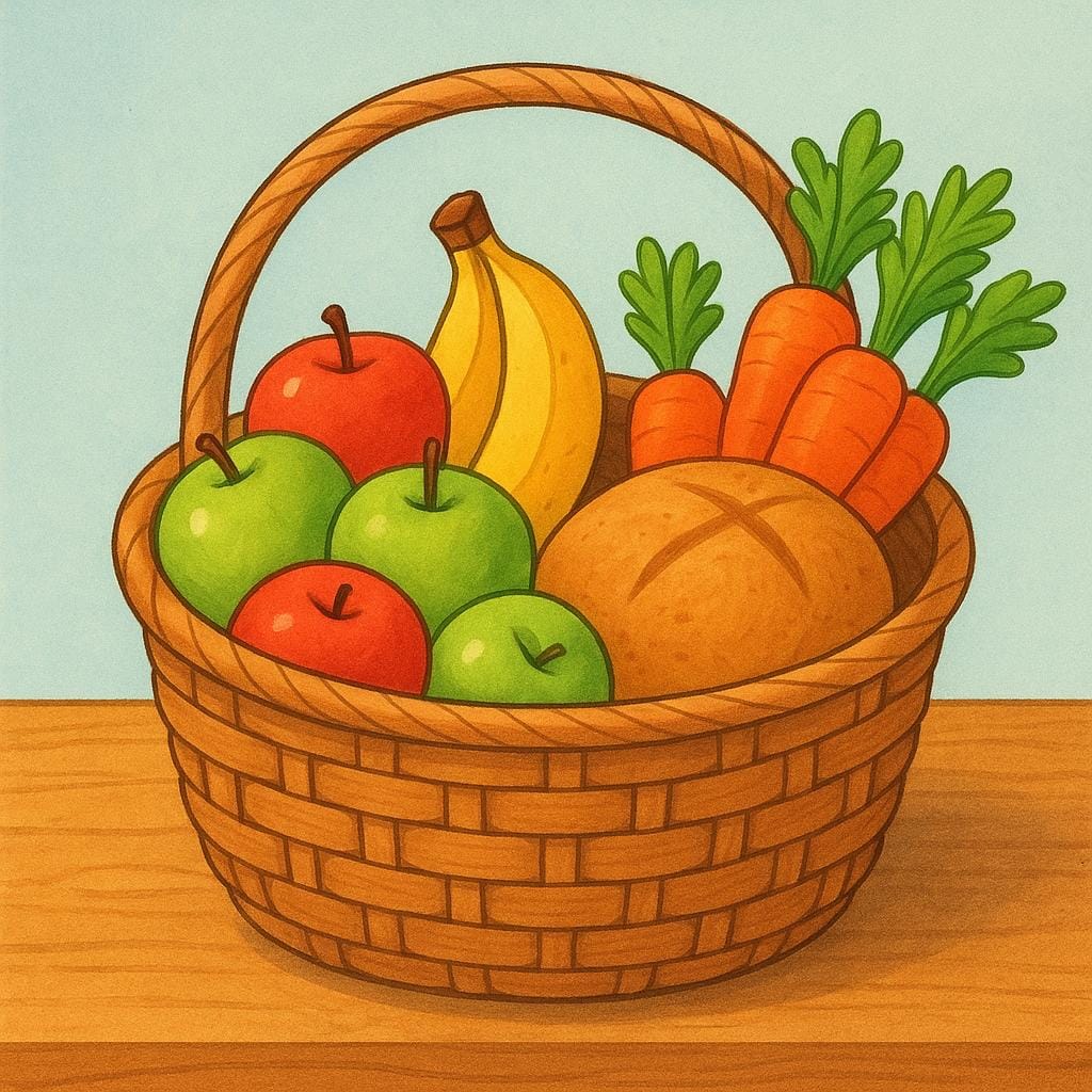 A colorful, simple illustration showing a woven basket overflowing with various types of food, including bright red apples, yellow bananas, orange carrots, and a rustic loaf of bread.