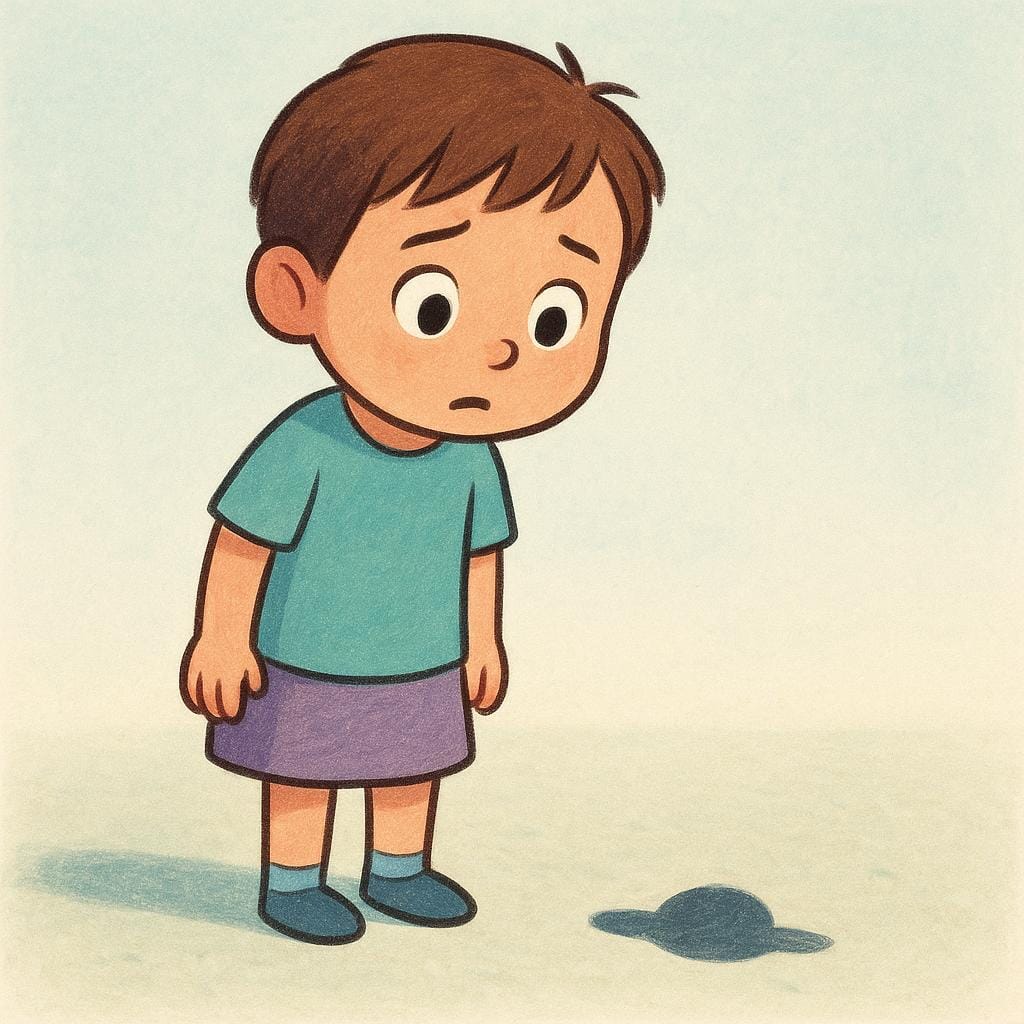 A simple storybook illustration of a child standing frozen, with wide eyes and a look of apprehension, reacting to a vague, harmless shadow cast on the floor.