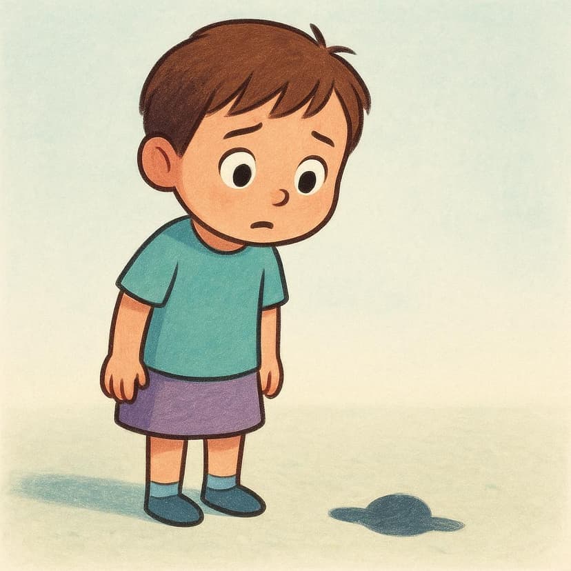 Una semplice illustrazione da libro di fiabe di un bambino immobile, con occhi sbarrati e un'espressione di apprensione, che reagisce a un'ombra vaga e innocua proiettata sul pavimento.