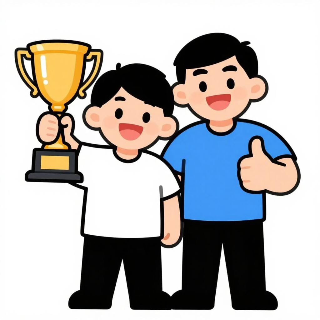 A person smiling and giving a thumbs up to a friend holding a gold trophy.