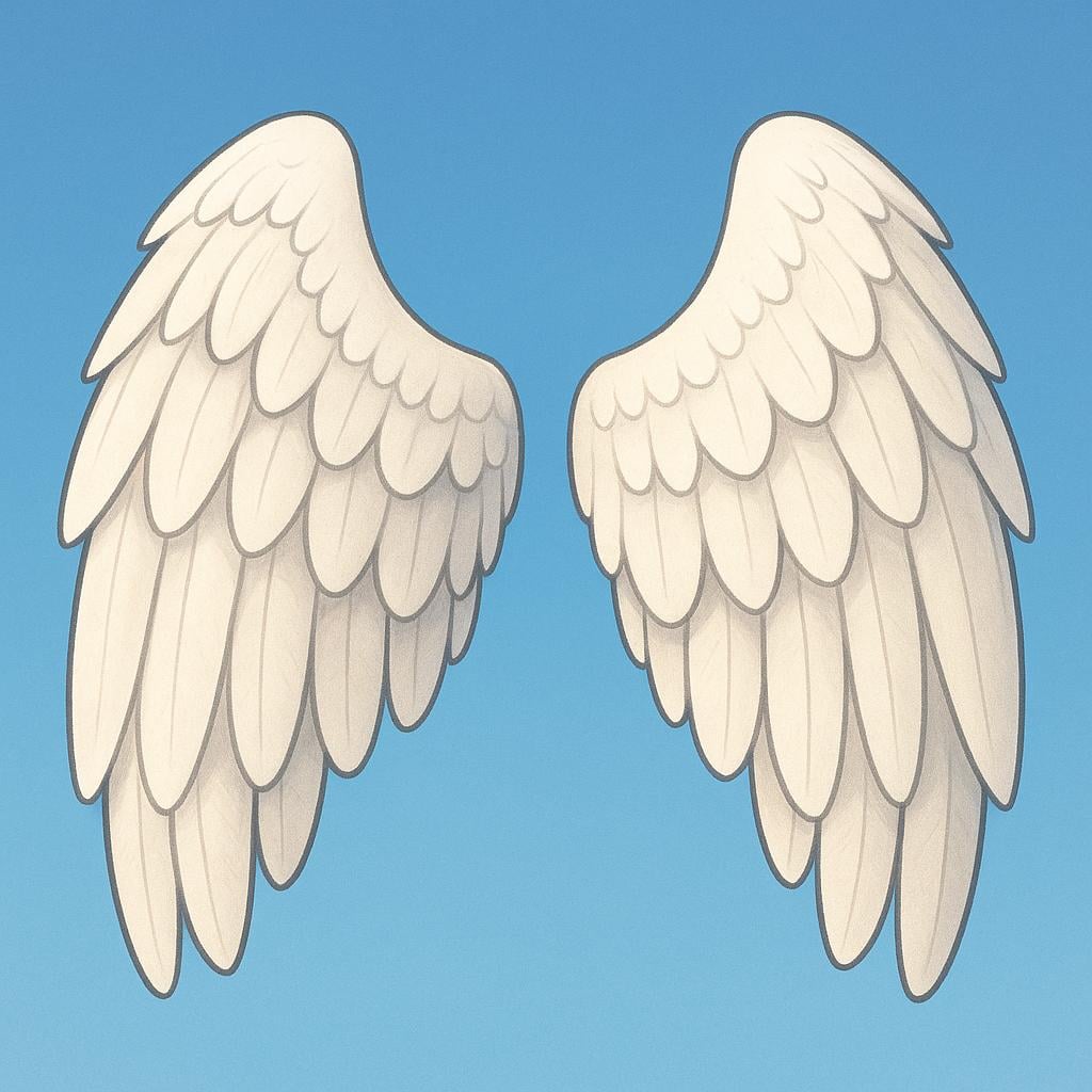 A pair of large, feathered white bird wings spread wide, ready for flight against a simple blue background.