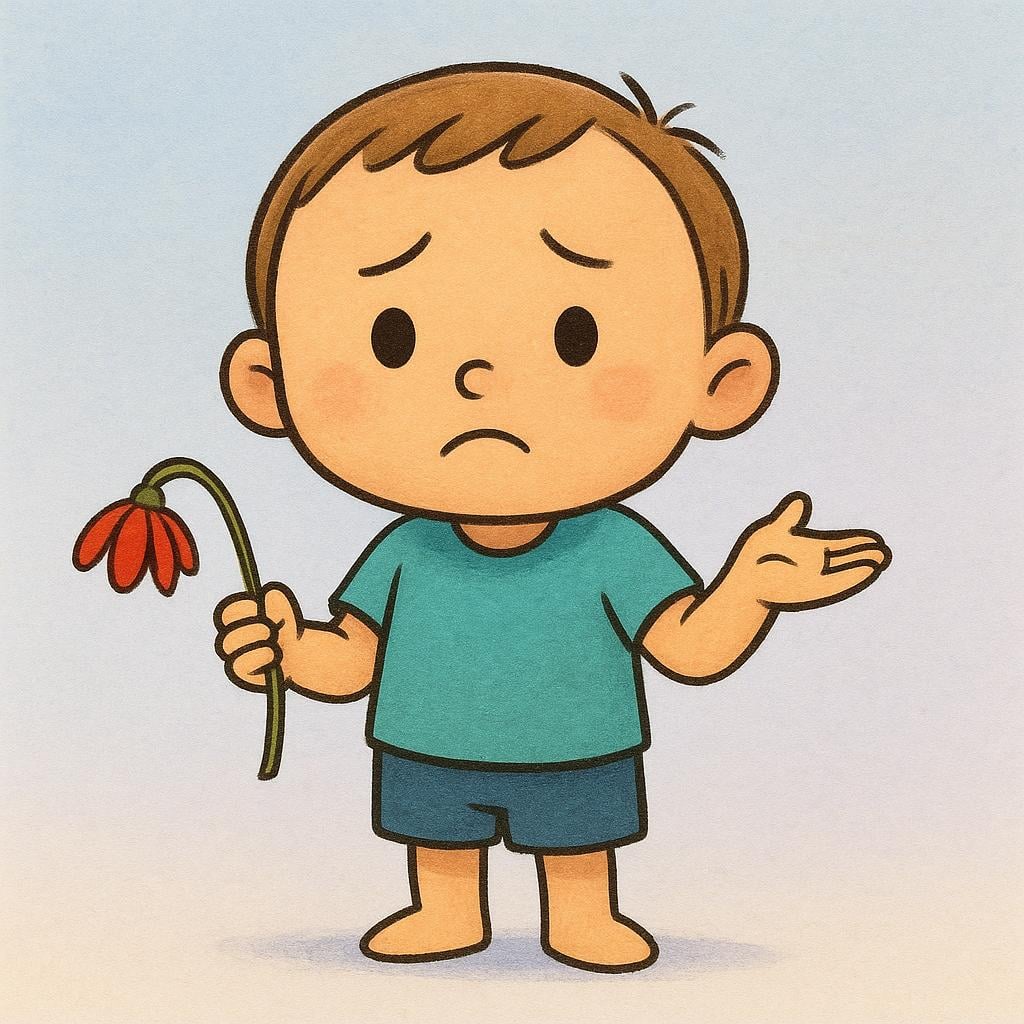 A small cartoon character shrugging slightly while holding a single, slightly wilted red flower, acknowledging a minor flaw or concession.