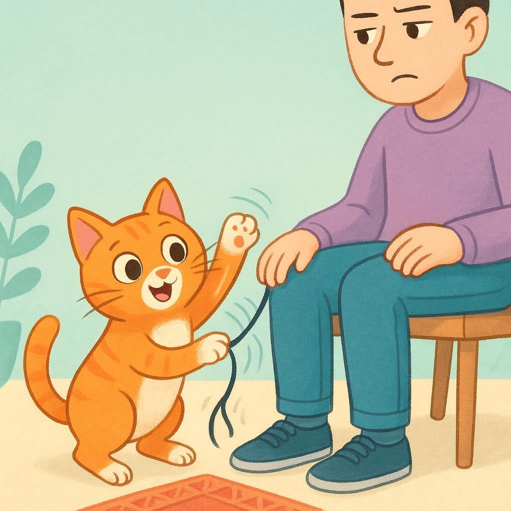 A small orange cat playfully batting at the shoelace of a person who is looking down at the cat with a slightly exasperated expression.