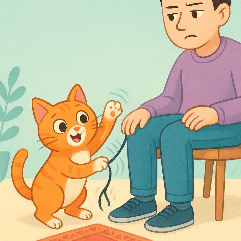 A small orange cat playfully batting at the shoelace of a person who is looking down at the cat with a slightly exasperated expression.