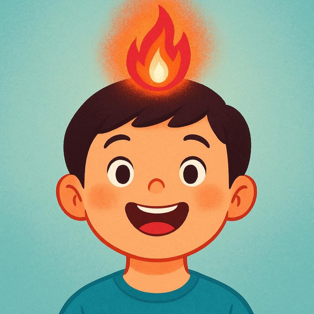 Eine vereinfachte Figur blickt mit großen, inspirierten Augen nach oben. Direkt über ihrem Kopf erscheint eine helle, leuchtende Flamme, die die Entzündung eines starken Gefühls oder einer Leidenschaft symbolisiert.