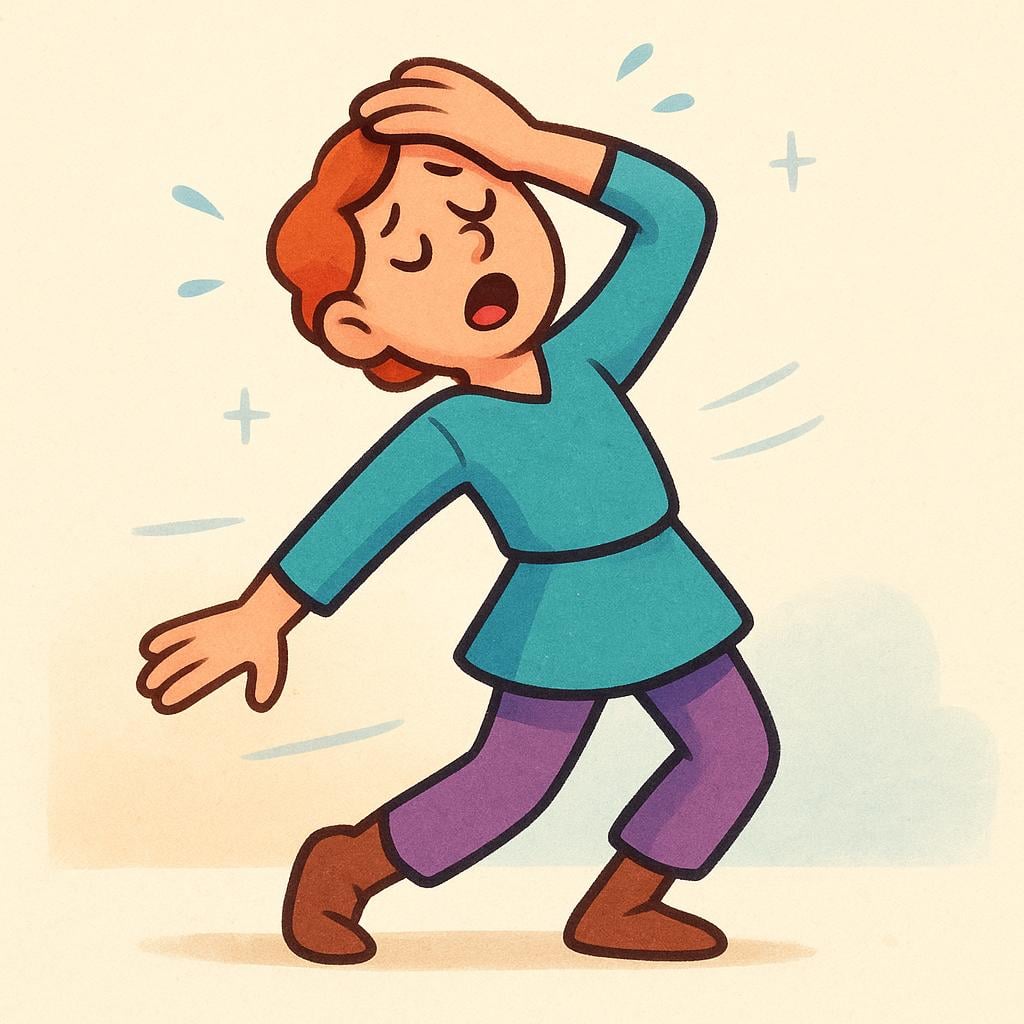 A simplified human character dressed in colorful clothing is dramatically swooning backward, one hand pressed to their forehead in an exaggerated gesture of fainting or collapsing from extreme distress.