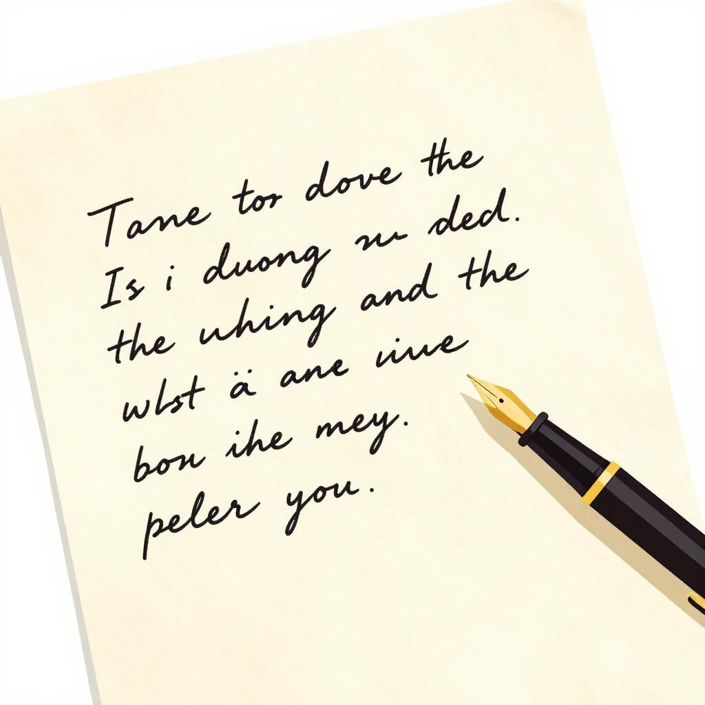 A hand-written letter on a piece of paper with a fountain pen resting next to it.