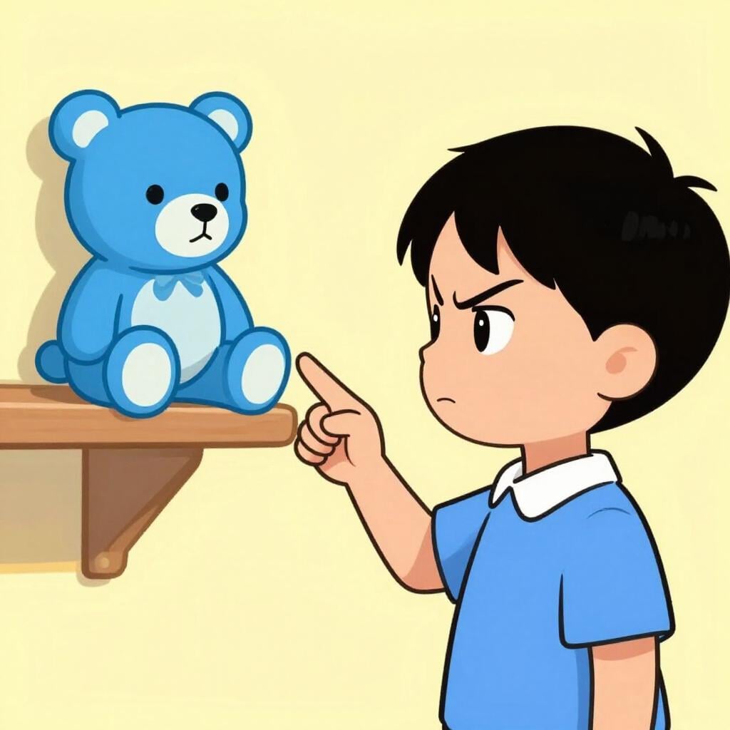 A child with a determined expression pointing firmly at a toy on a shelf.