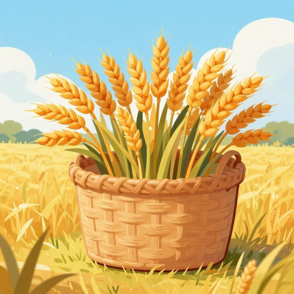 Un cesto pieno di grano dorato raccolto seduto in un campo soleggiato.