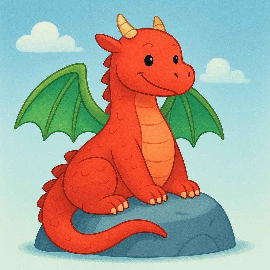 A high quality simple colorful storybook illustration showing a large, red, winged dragon perched on a brown rock.