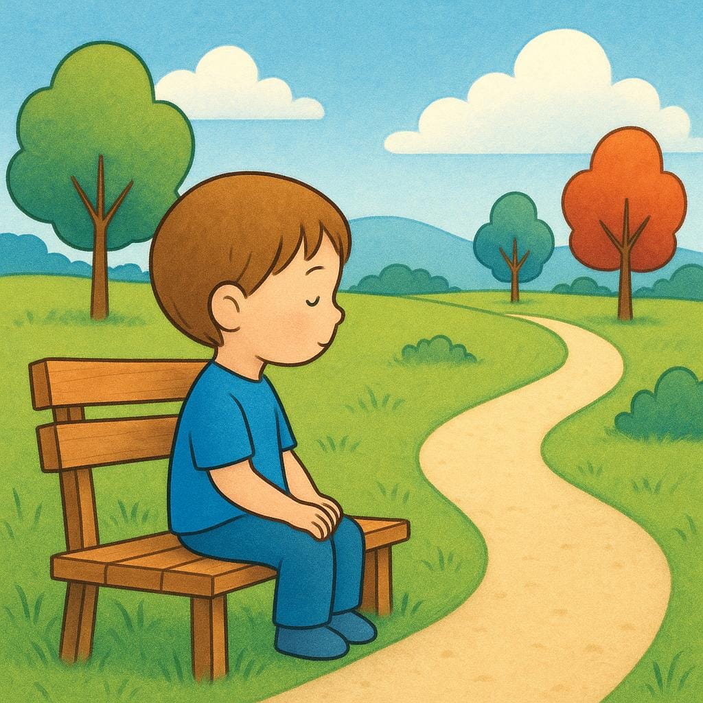 A storybook illustration showing a small child sitting patiently on a wooden bench, looking down a winding path, representing the act of waiting.