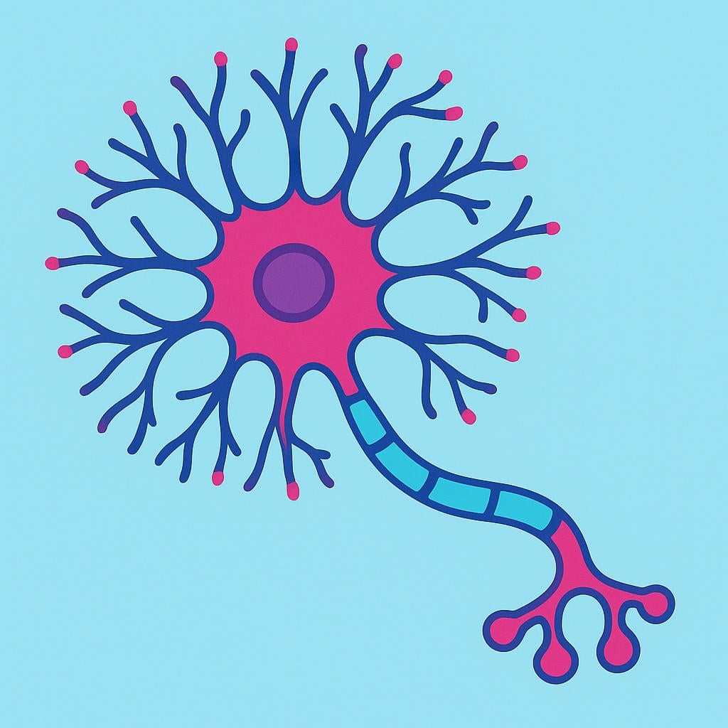 A highly stylized illustration of a single, colorful neuron (nerve cell) with branching parts, representing the nervous system.