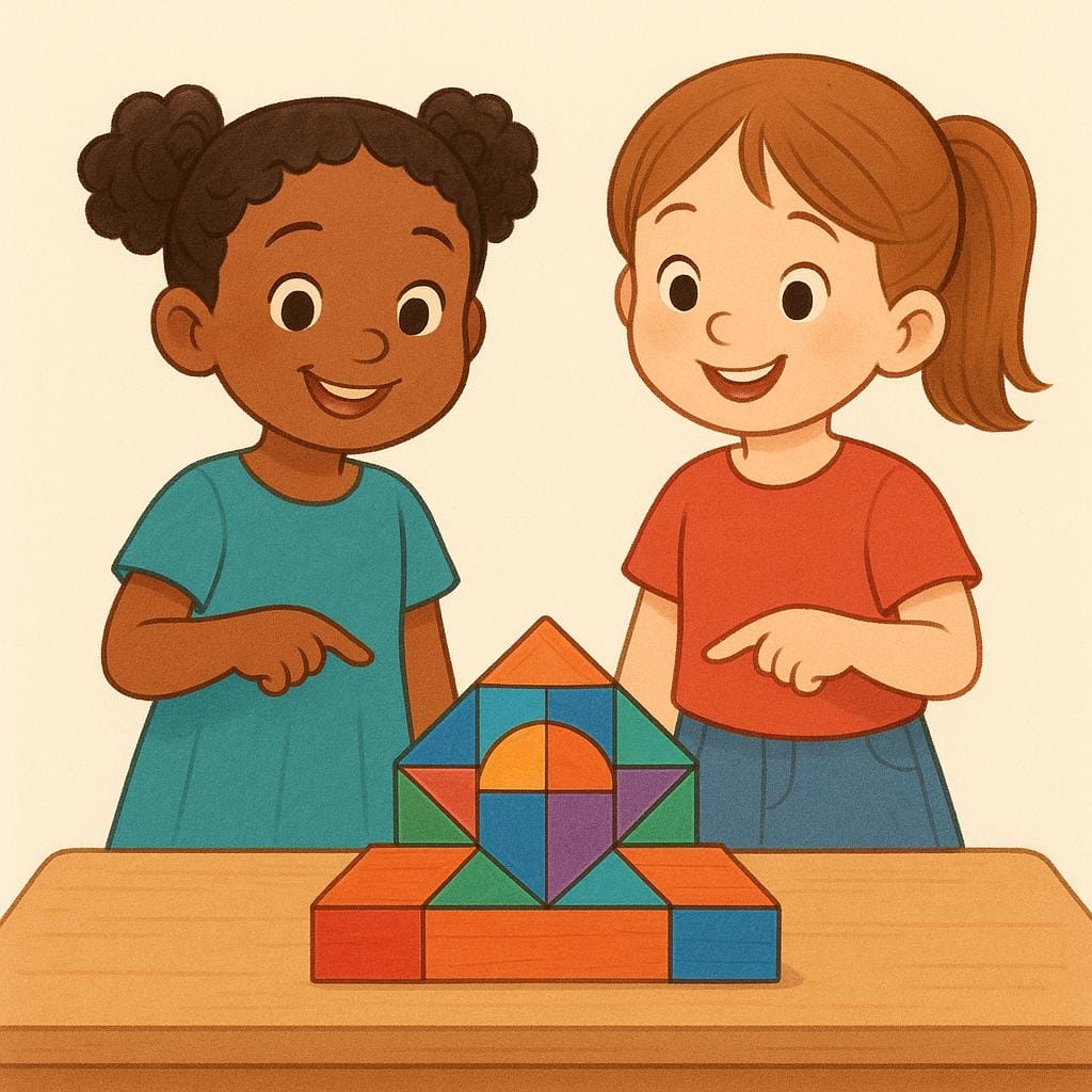 Two young girls smiling brightly, pointing confidently at a completed, colorful geometric wooden block puzzle they solved together, symbolizing their cleverness.