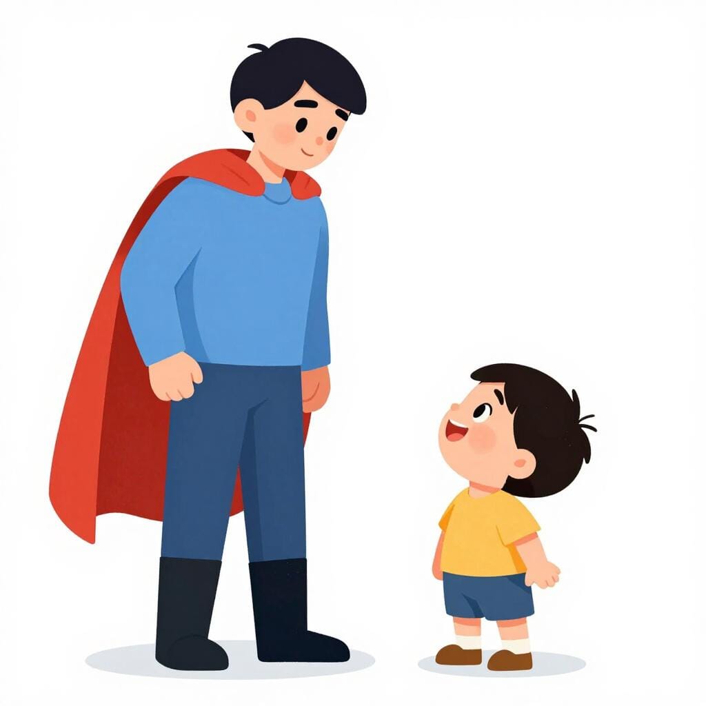 Un enfant regardant un super-héros avec de grands yeux et un grand sourire, montrant un profond respect.