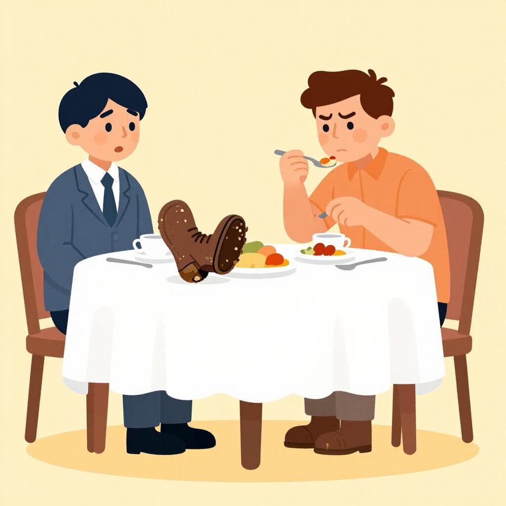 Een man aan een eettafel die met open mond eet en zijn voeten op tafel heeft, terwijl anderen verrast kijken.