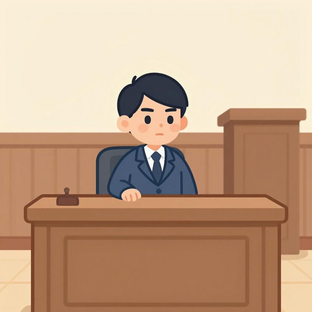 法廷の長い木製テーブルに座り、近くに弁護士が立っているのを真剣な表情で見つめる人物。