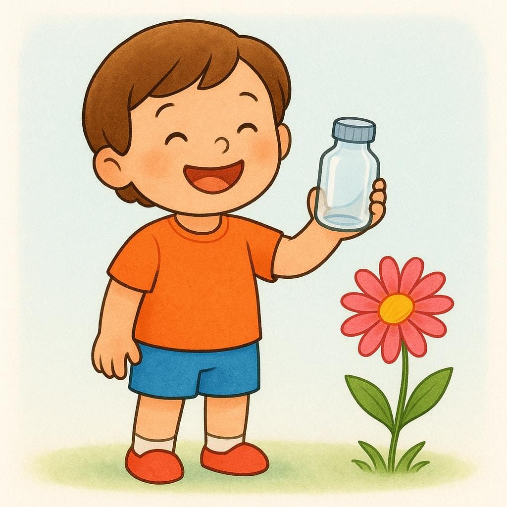 A joyful child smiling broadly while holding a small, empty medicine bottle, symbolizing recovery and a cure.