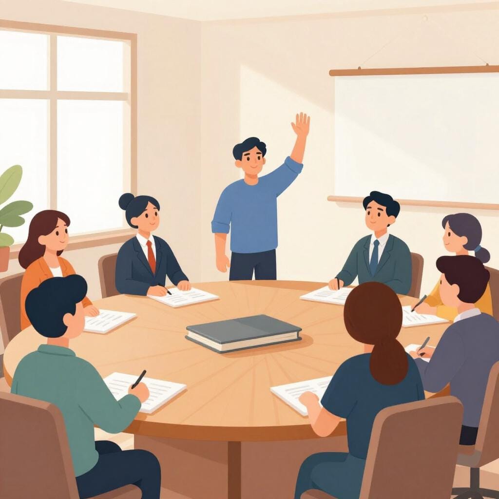 Eine Person steht an einem langen Holztisch in einem formellen Raum und hebt die Hand zum Sprechen.