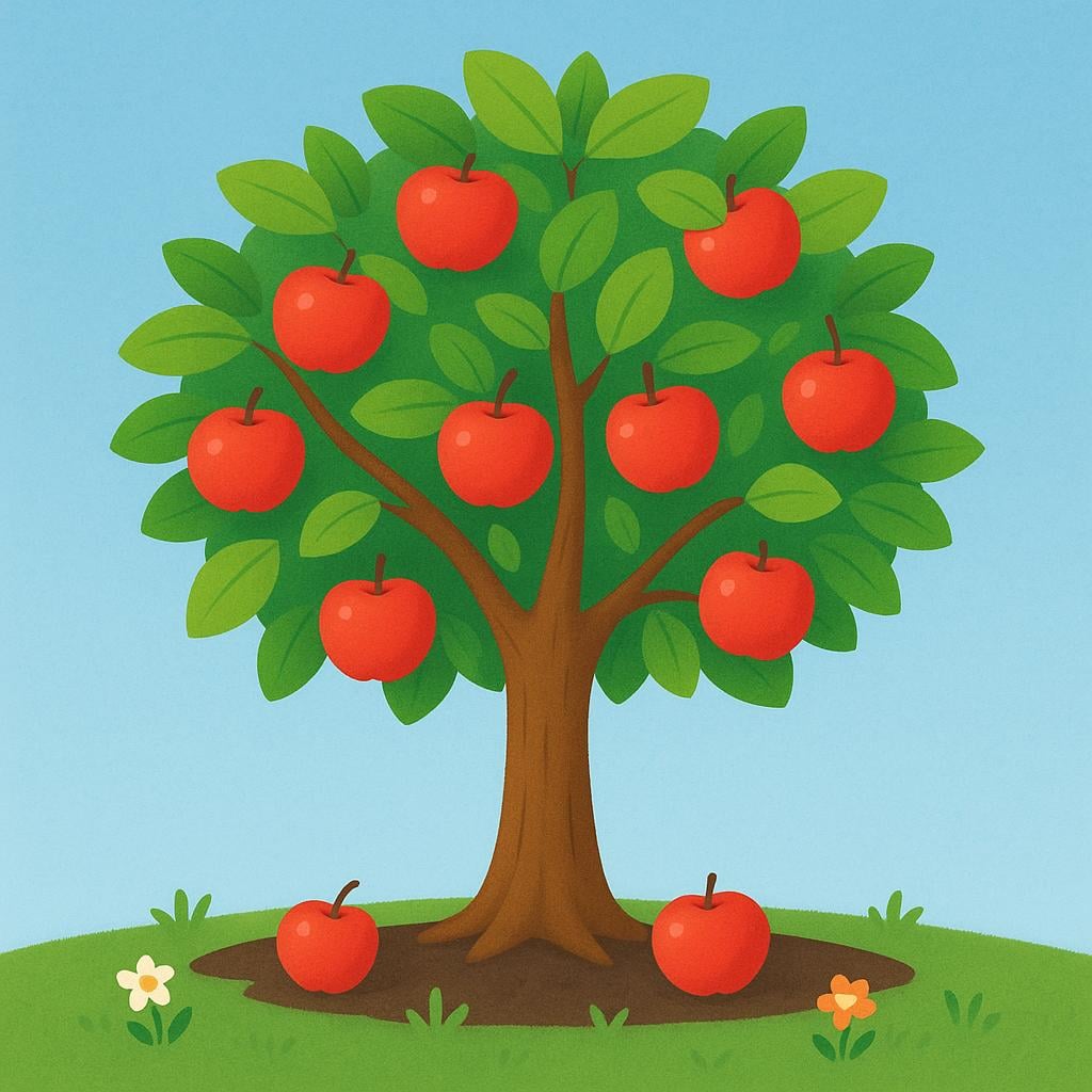 A single, healthy apple tree bearing bright red apples, symbolizing production and outcome.
