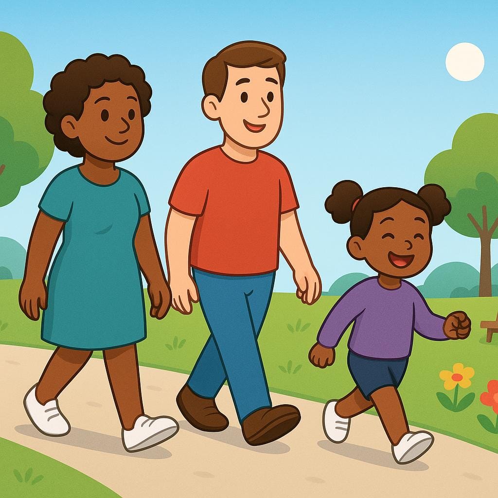 Drie cartoonfiguren lopen zij aan zij over een zonnig parkpad, wat fysieke beweging illustreert.