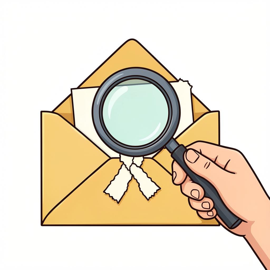A hand holding a magnifying glass over a torn and taped envelope.