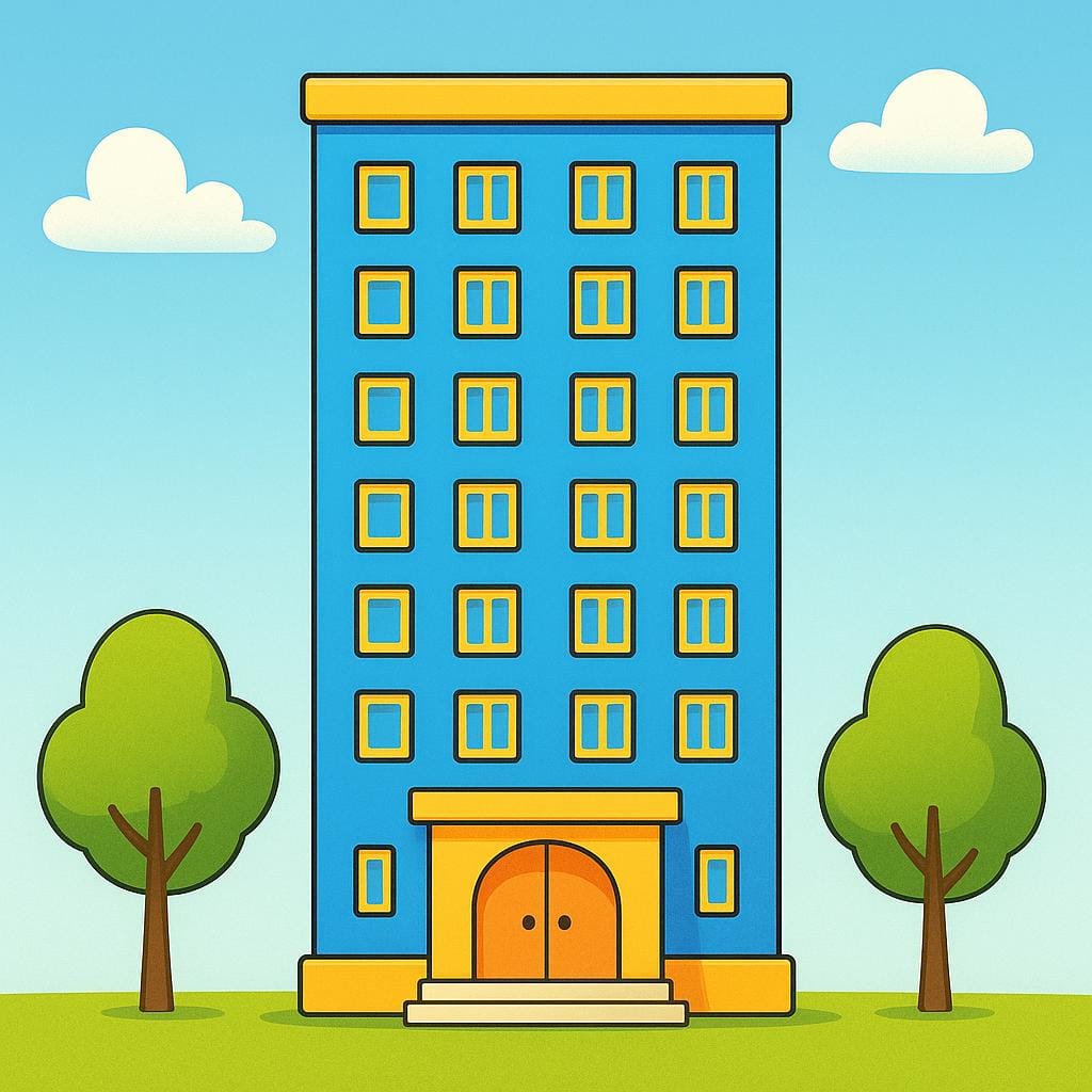 多くの窓があり、歓迎的な大きな入り口がある、カラフルで背の高い多層階の建物。旅行者が宿泊する場所であることを明確に示している。