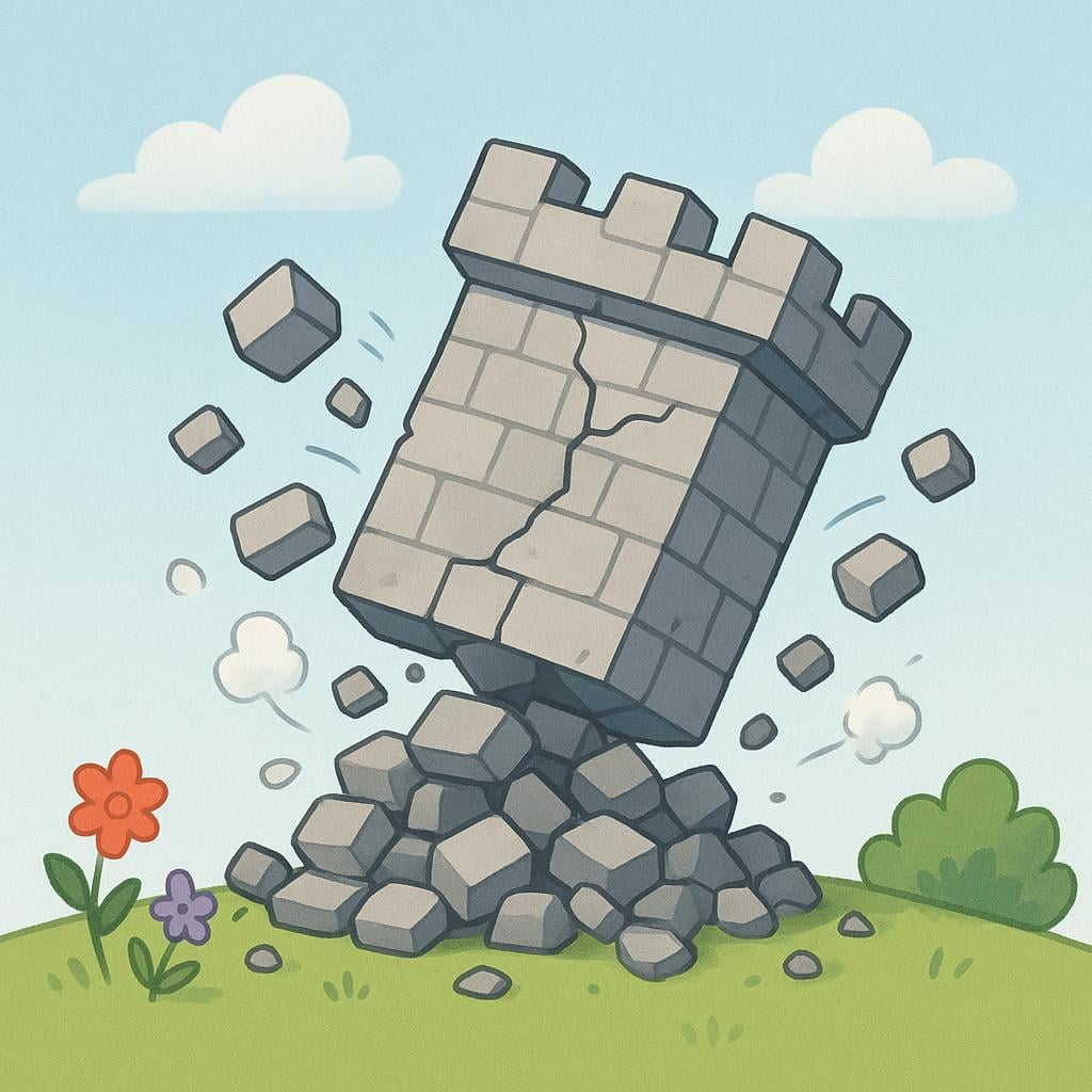 A small, square, gray brick tower actively collapsing and crumbling into a pile of rubble on the ground.