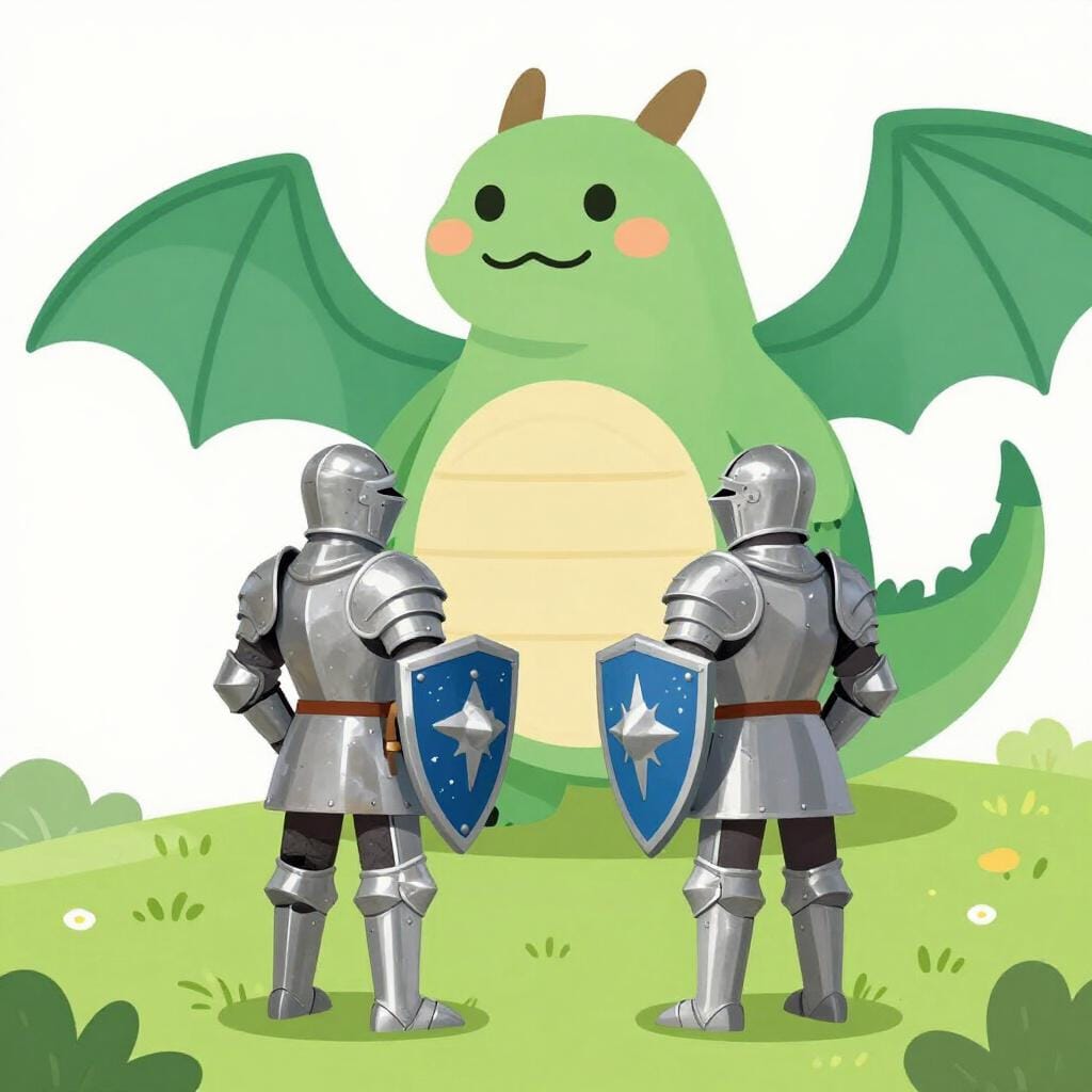 輝く鎧を着た2人の勇敢な騎士が盾を持ち、大きな緑のドラゴンに立ち向かっている。