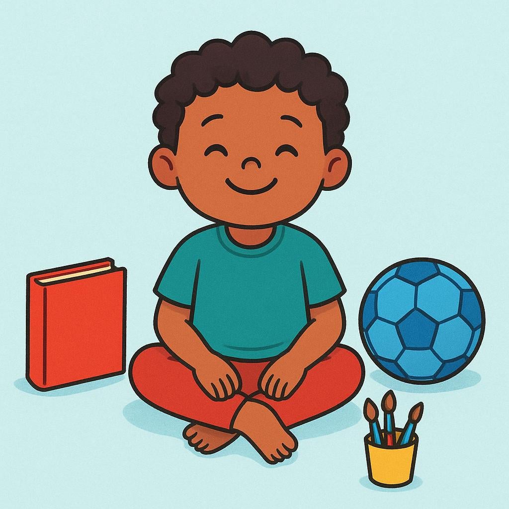 A happy child sitting on the floor surrounded by various objects representing different hobbies, including a book, a soccer ball, and paintbrushes.