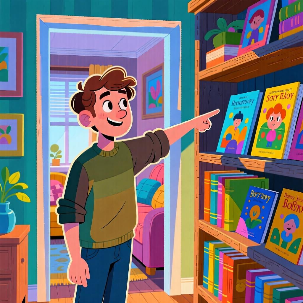 A character pointing decisively toward a shelf in a room, indicating a strong assumption about an object's location.