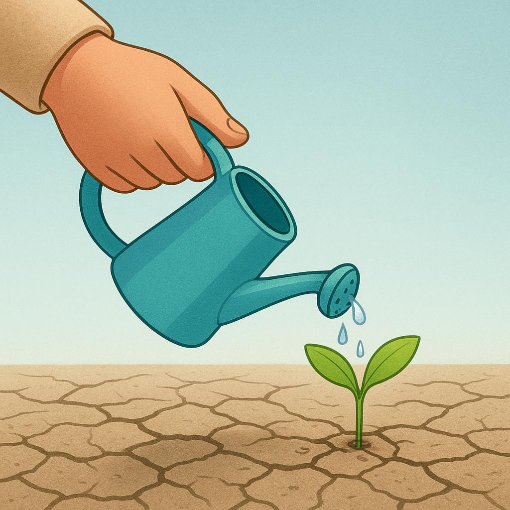 Une grande main utilise un arrosoir pour verser de l'eau sur une petite plante verte en difficulté dans un sol sec, illustrant le concept de fournir des ressources.