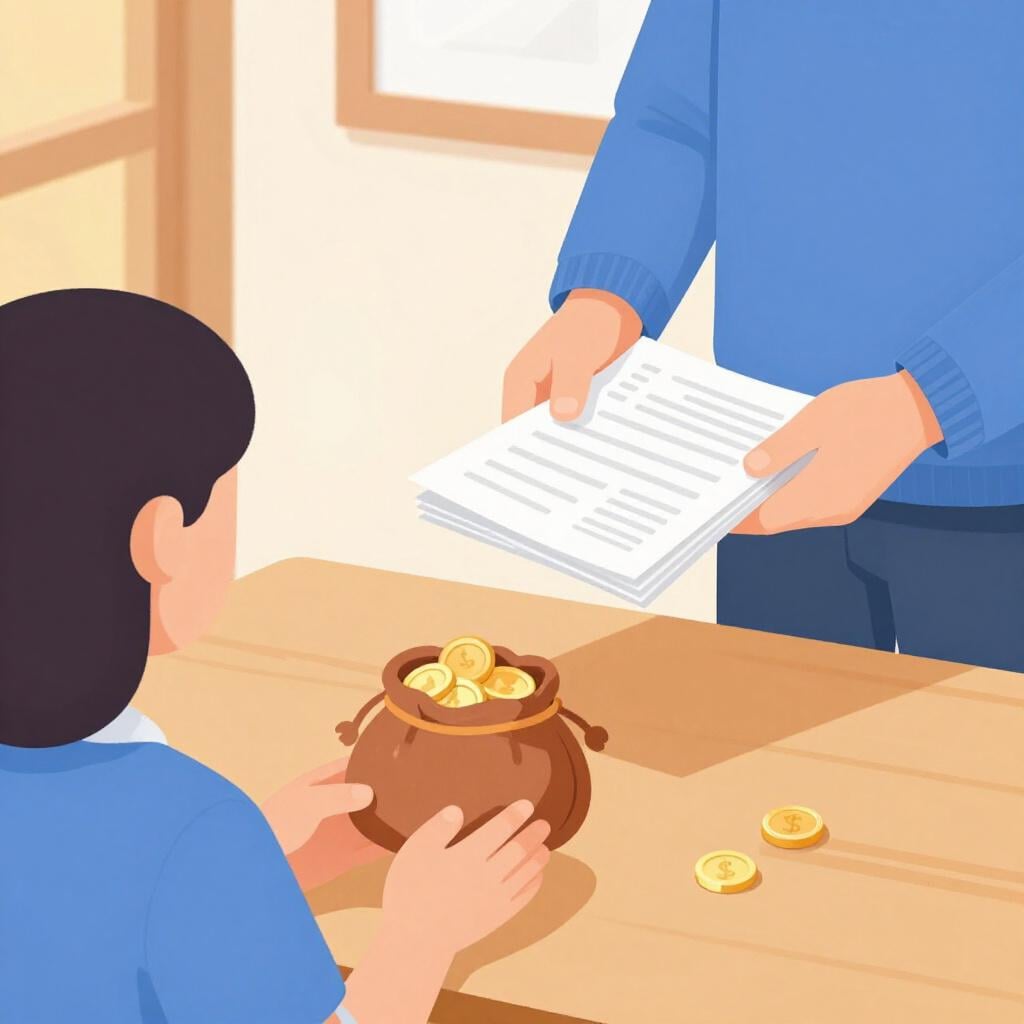 Eine Person, die einem anderen eine Reihe organisierter Quittungen und eine kleine Tüte Münzen übergibt.