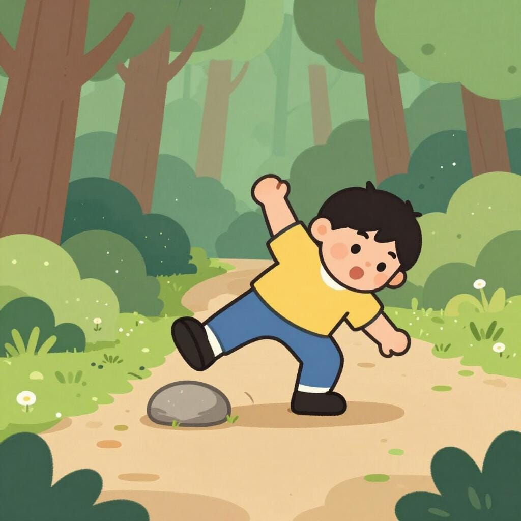 Een persoon die struikelt over een klein steentje terwijl hij op een pad loopt.