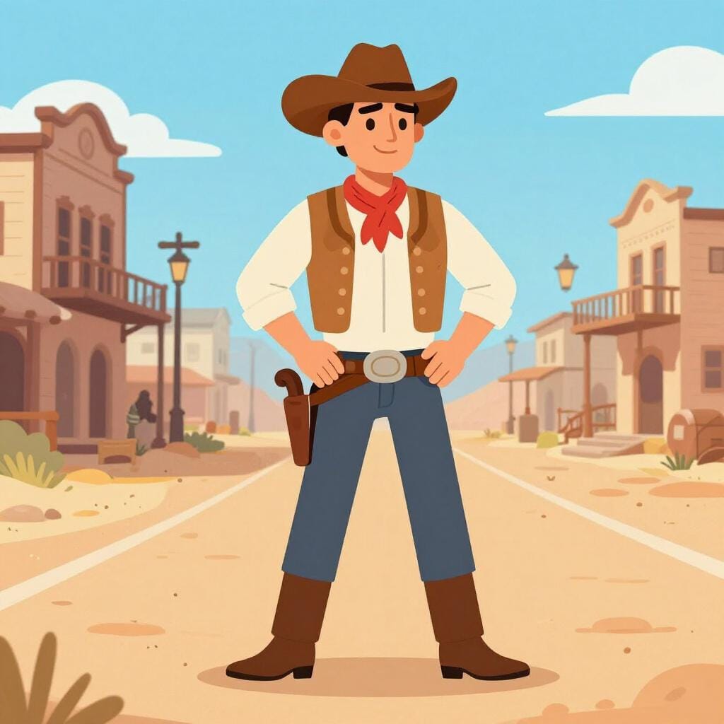 Un cowboy classique debout dans la rue d'une ville poussiéreuse, portant un chapeau à larges bords et un holster en cuir avec une main posée près de sa hanche.