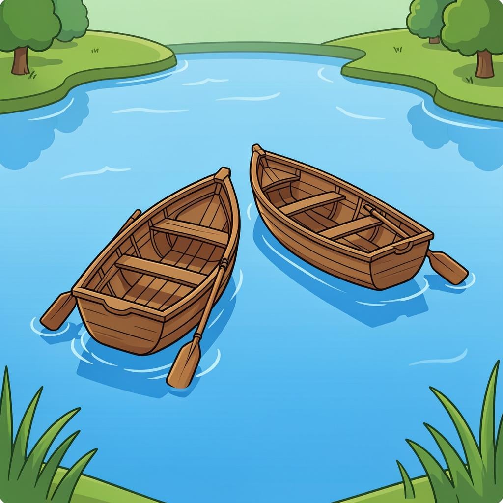 Two small wooden rowing boats floating on calm blue water.